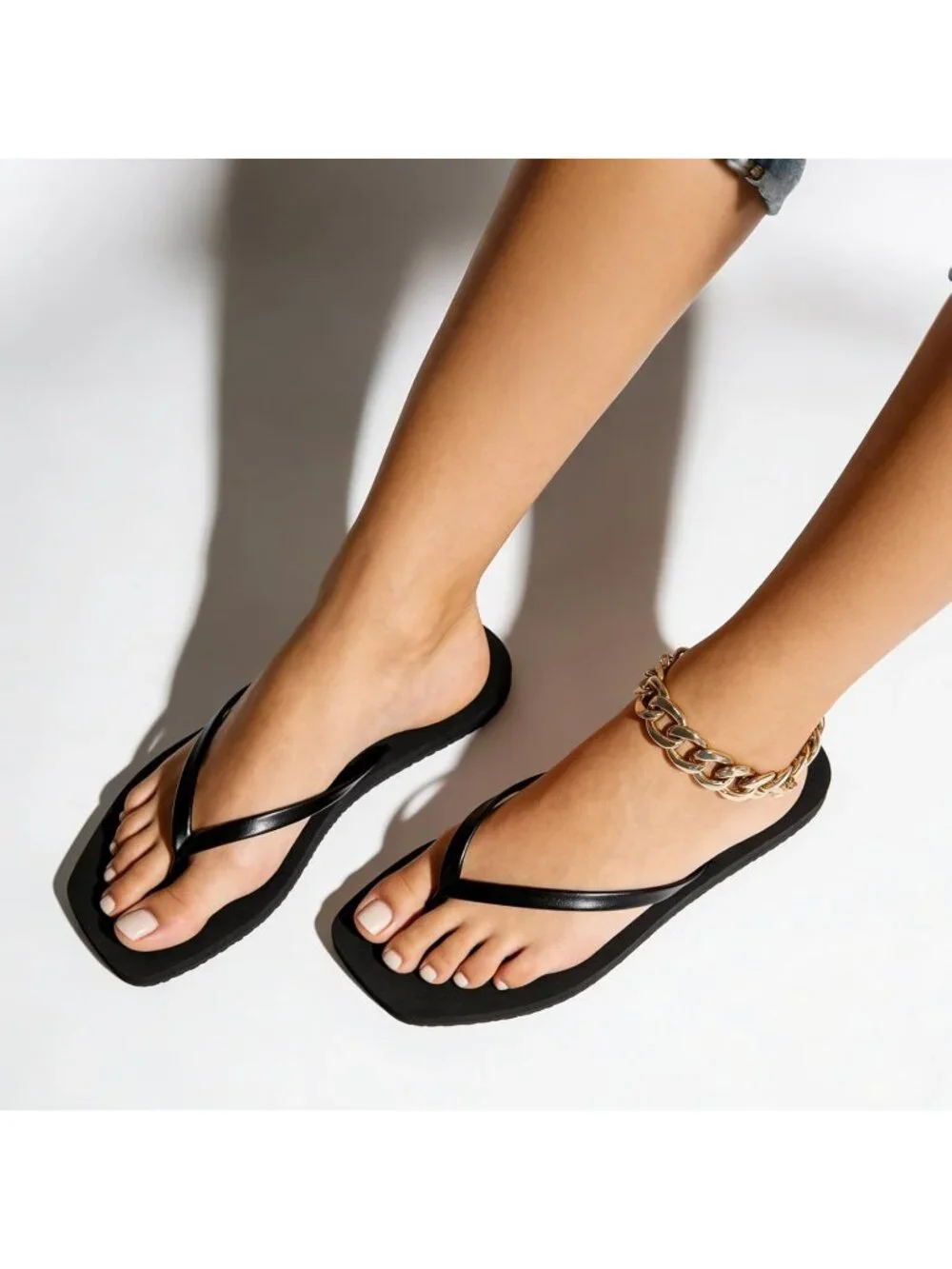 Women's Black Faux Leather Summer Comfortable Flip Flops Square Toe Flat Sandals